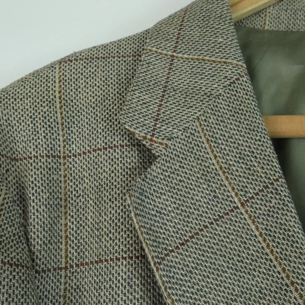 J. Crew Oarsman Vintage 41R Silk Linen Windowpane Blazer Sport Coat‎ Plaid USA